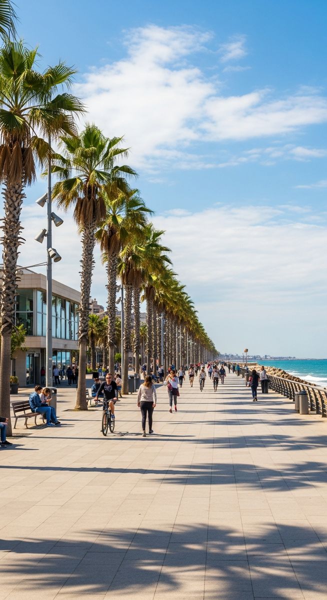 the Barcelona seafront promenade with palm trees