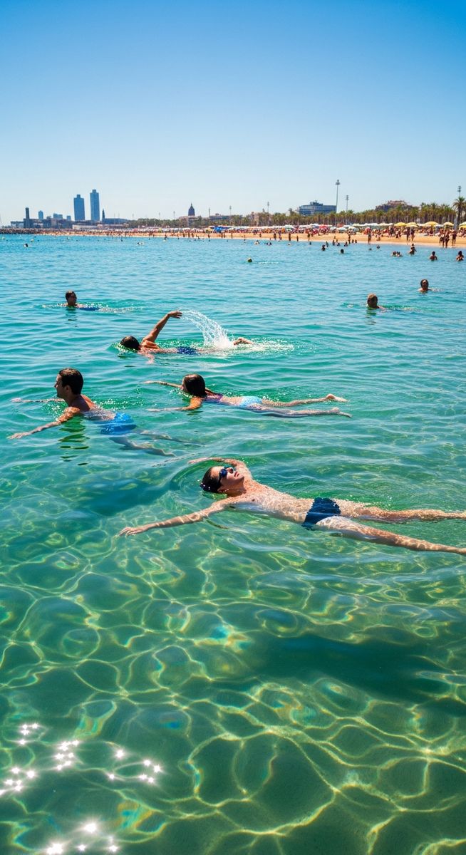people swimming in the sea off a Barcelona beach at the beaches