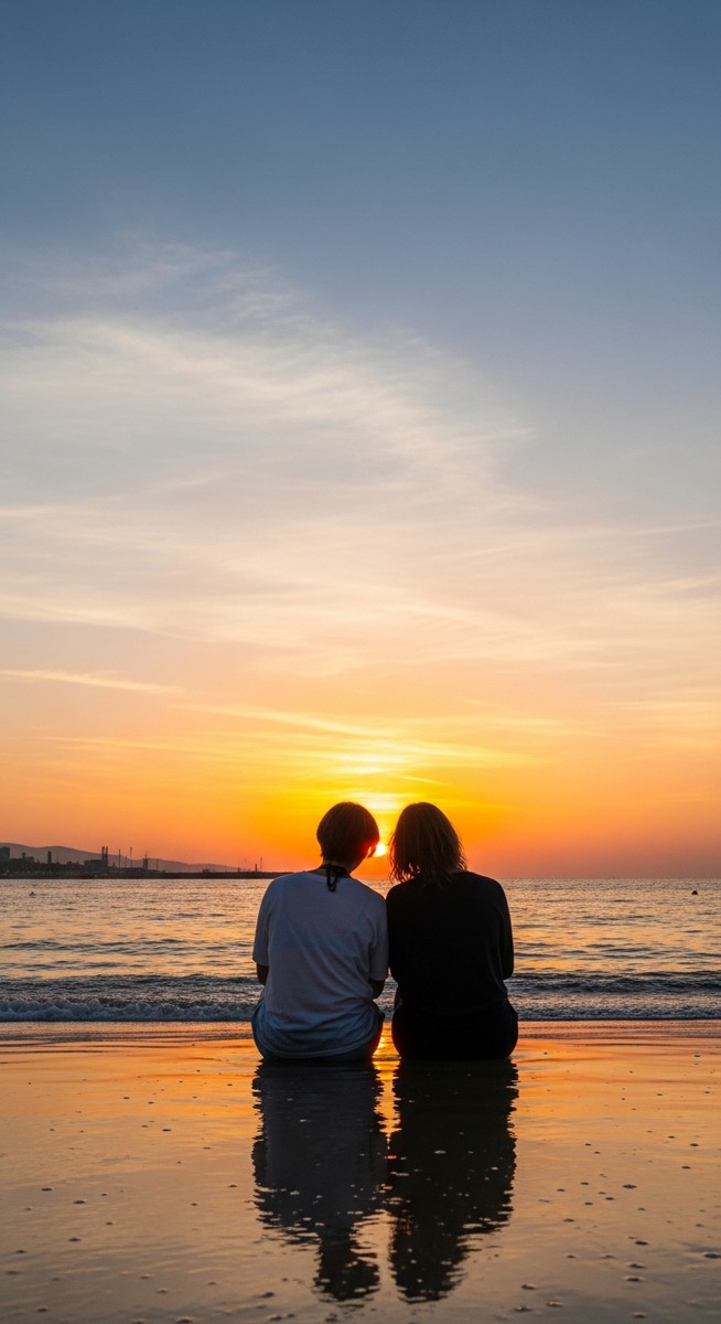two friends sitting on a Barcelona beach at sunset
