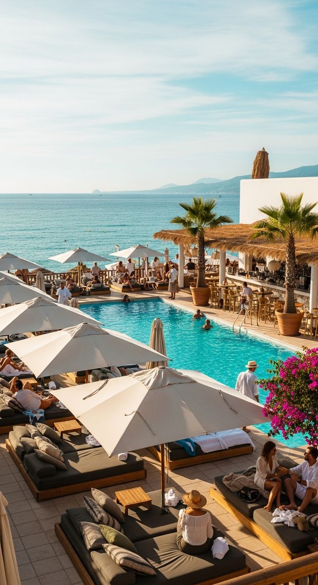 a Spanish beach club with sunbeds and umbrellas at the beaches
