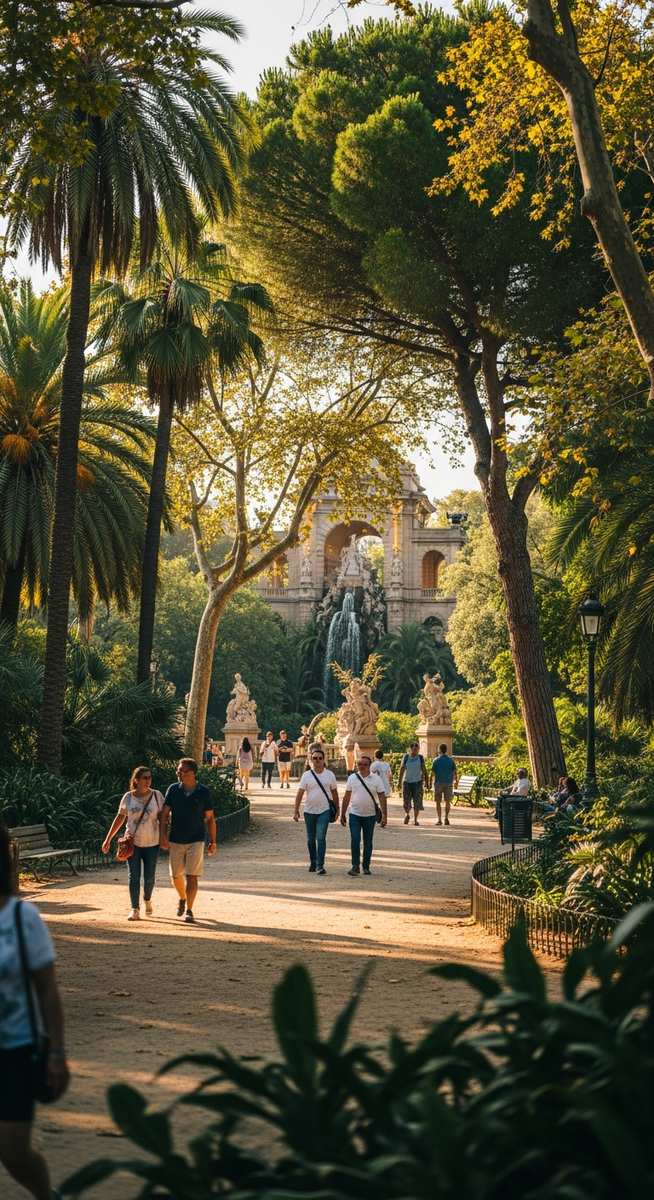 a Barcelona park with lush trees and people walking