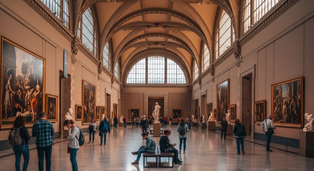 a grand museum interior in Barcelona with visitors