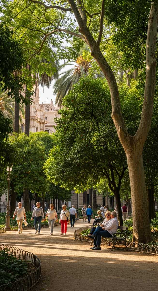 a Valencia park with lush trees and people walking