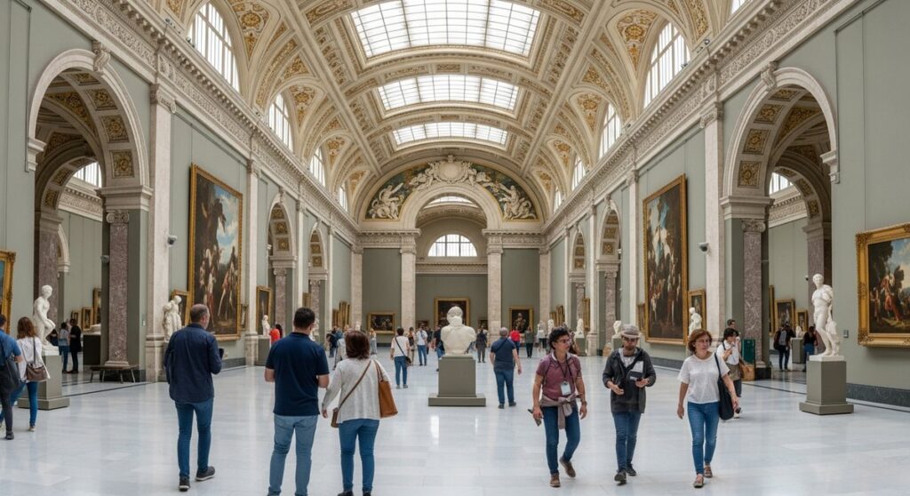 a grand museum interior in Valencia with visitors
