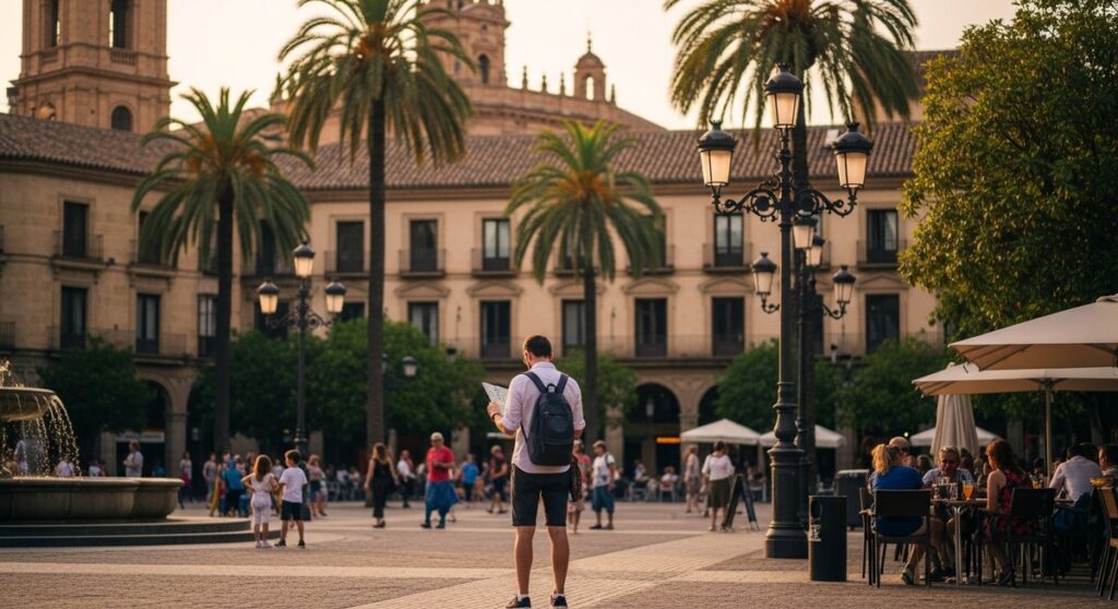 a traveller looking at a map in a Spanish city plaza on a one-day Barcelona itinerary