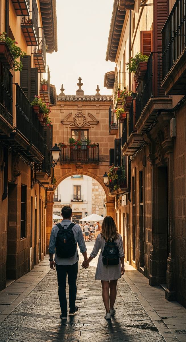 a couple walking through an old-town Spanish street with backpacks on a one-day Barcelona itinerary