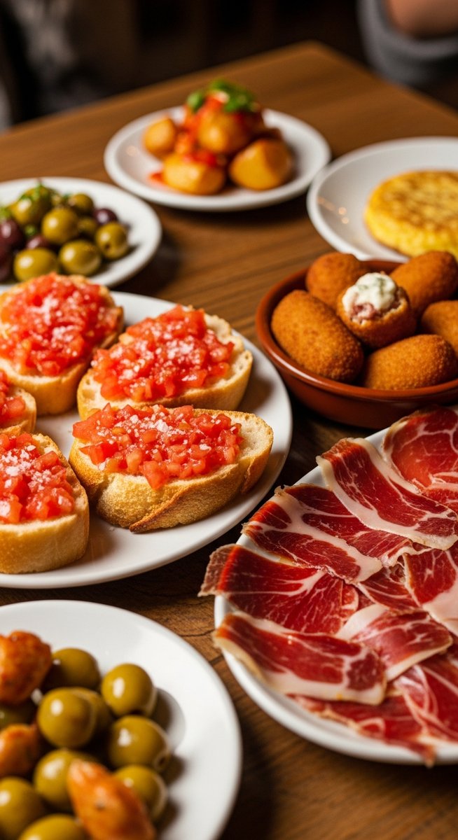 a Spanish tapas spread on a restaurant table on a one-day Barcelona itinerary