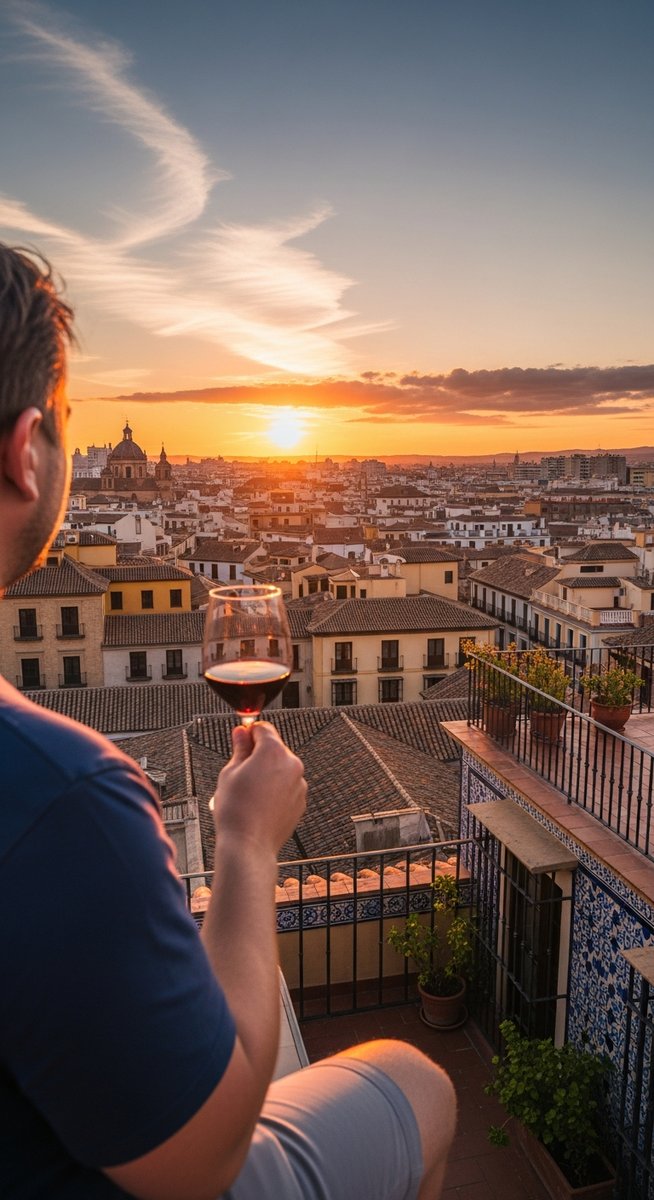 a traveller on a rooftop terrace in Spain at sunset on a one-day Barcelona itinerary