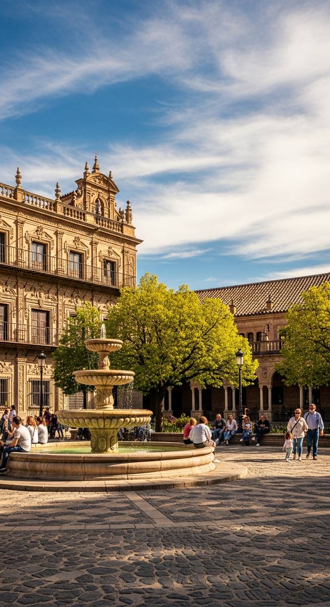 a Spanish plaza at midday with ornate architecture