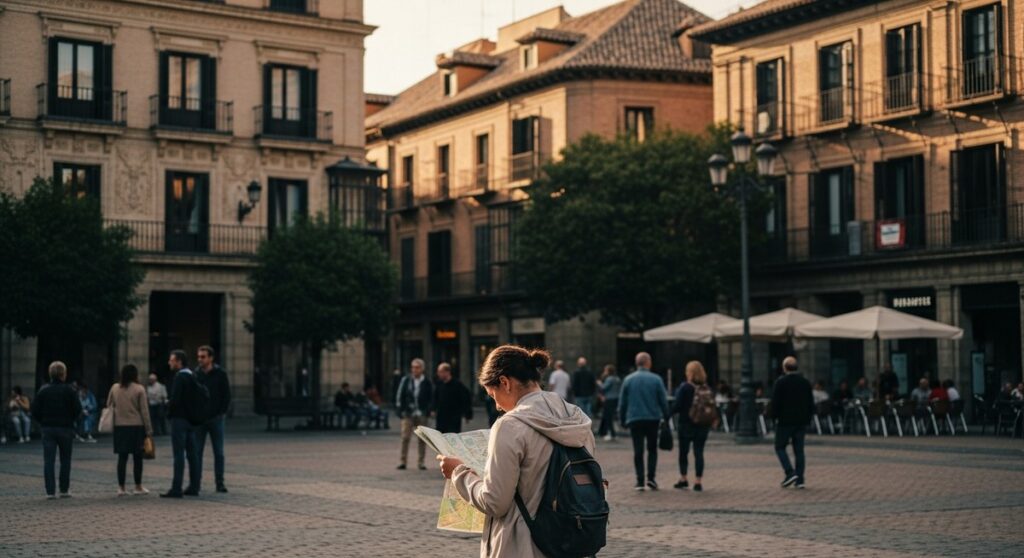 a traveller looking at a map in a Spanish city plaza on a one-day Seville itinerary
