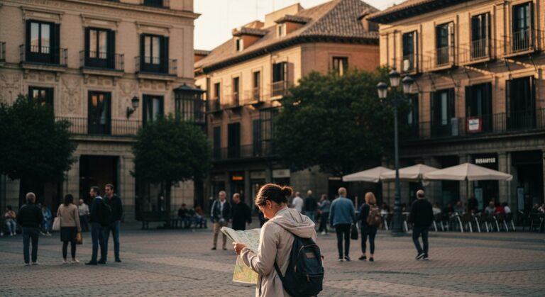 a traveller looking at a map in a Spanish city plaza on a one-day Seville itinerary
