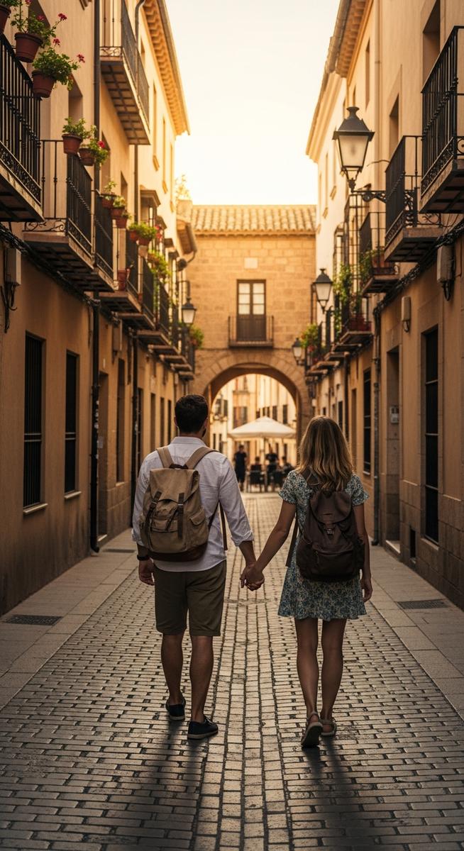 a couple walking through an old-town Spanish street with backpacks on a one-day Valencia itinerary