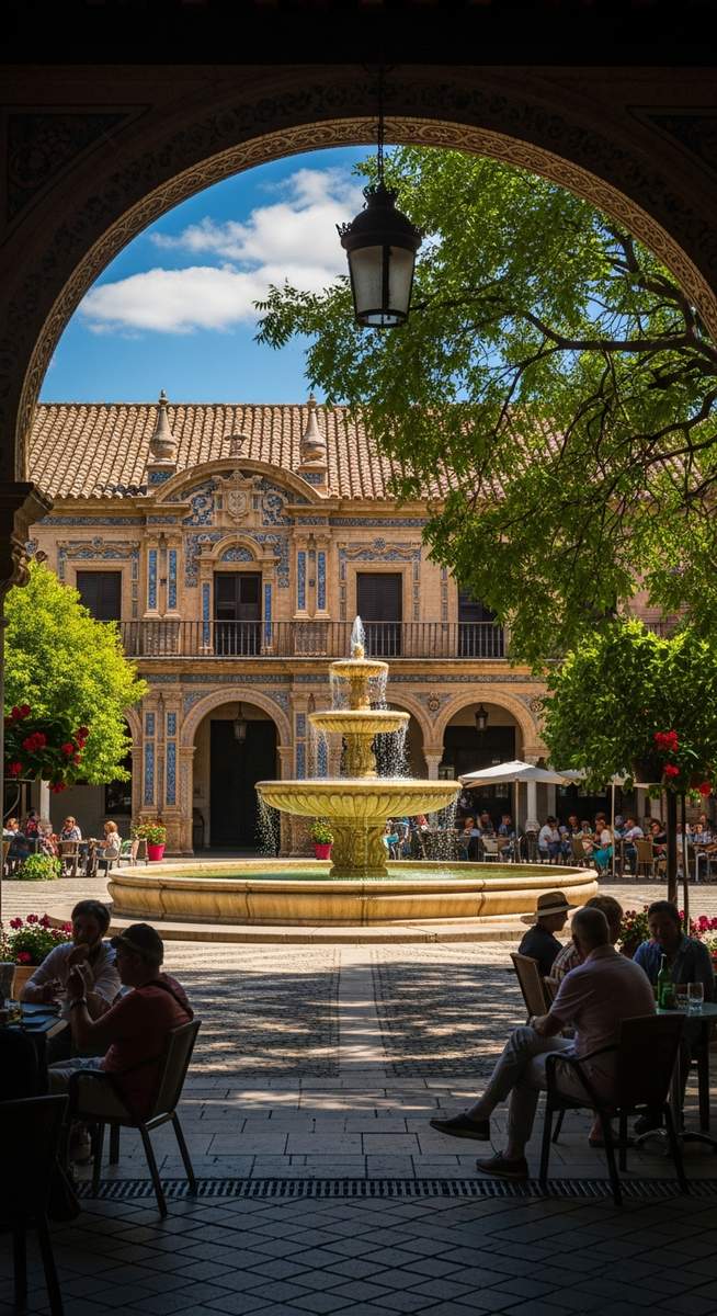 a Spanish plaza at midday with ornate architecture