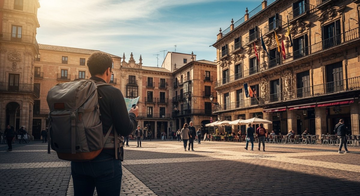 a traveller looking at a map in a Spanish city plaza on a one-day Valencia itinerary