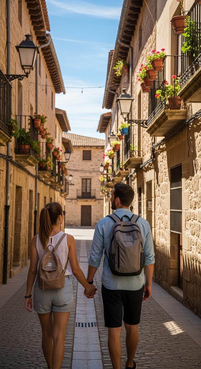 a couple walking through an old-town Spanish street with backpacks on a one-week Spain itinerary