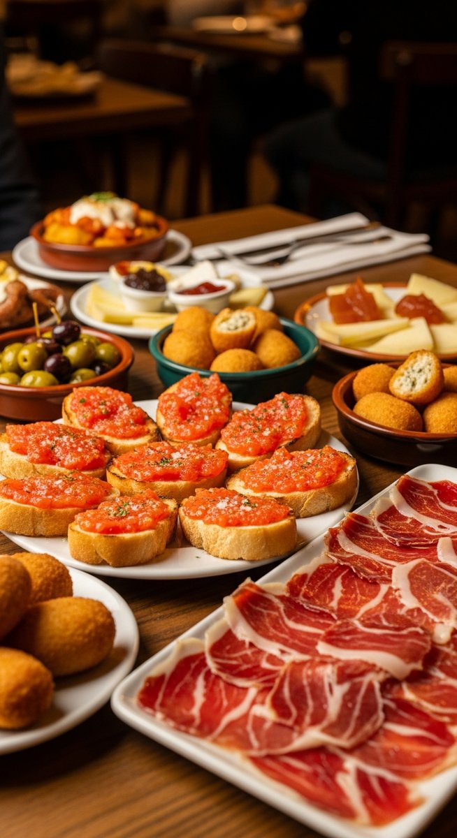 a Spanish tapas spread on a restaurant table on a one-week Spain itinerary