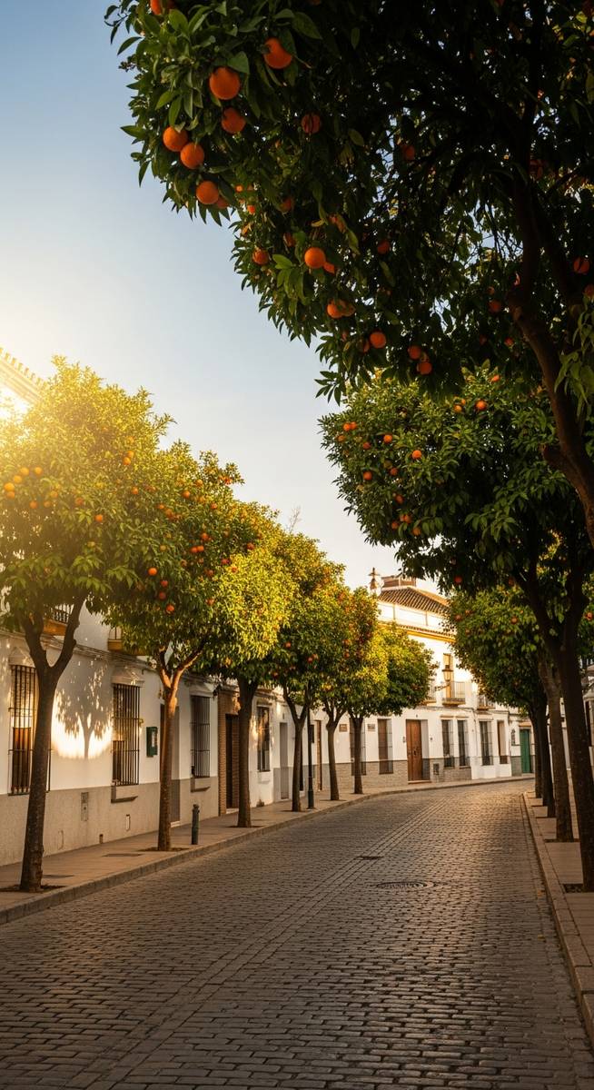 an orange tree-lined street in Spain