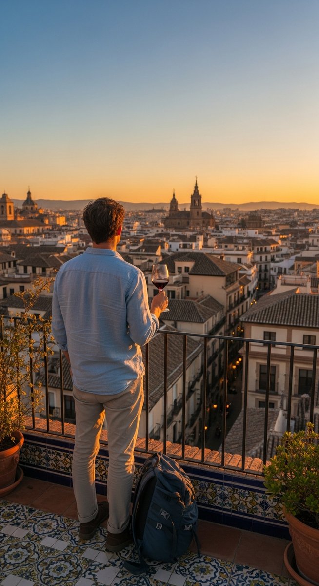 a traveller on a rooftop terrace in Spain at sunset on a one-week Spain itinerary