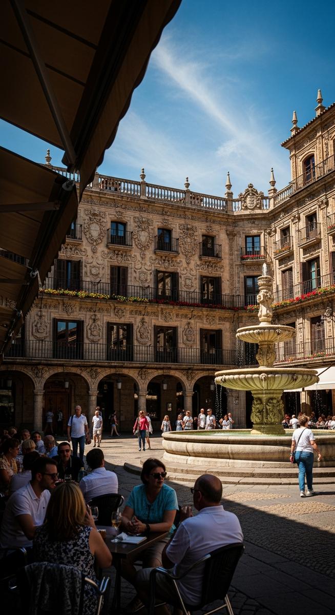 a Spanish plaza at midday with ornate architecture