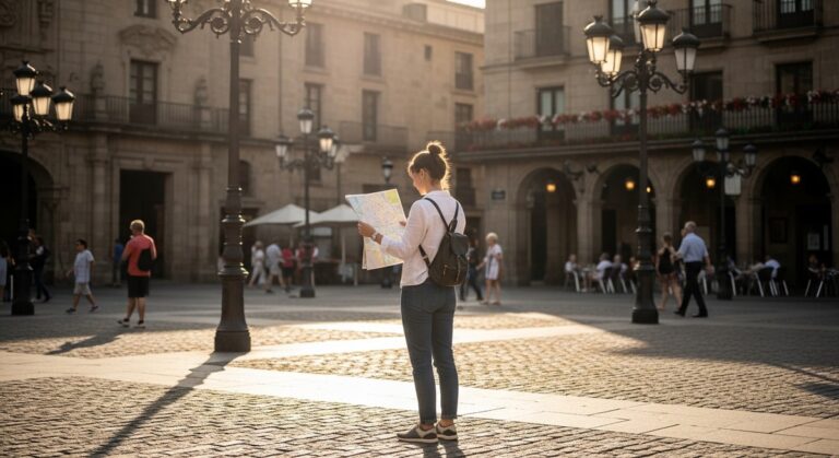 a traveller looking at a map in a Spanish city plaza on a one-week Spain itinerary