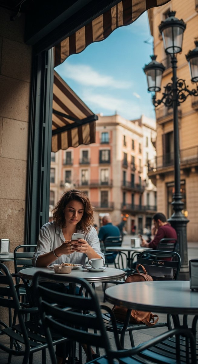 a person at an outdoor cafe in Barcelona with a guidebook