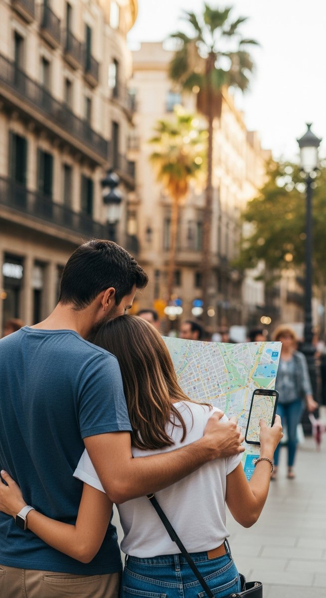 a couple looking at a map together in Barcelona