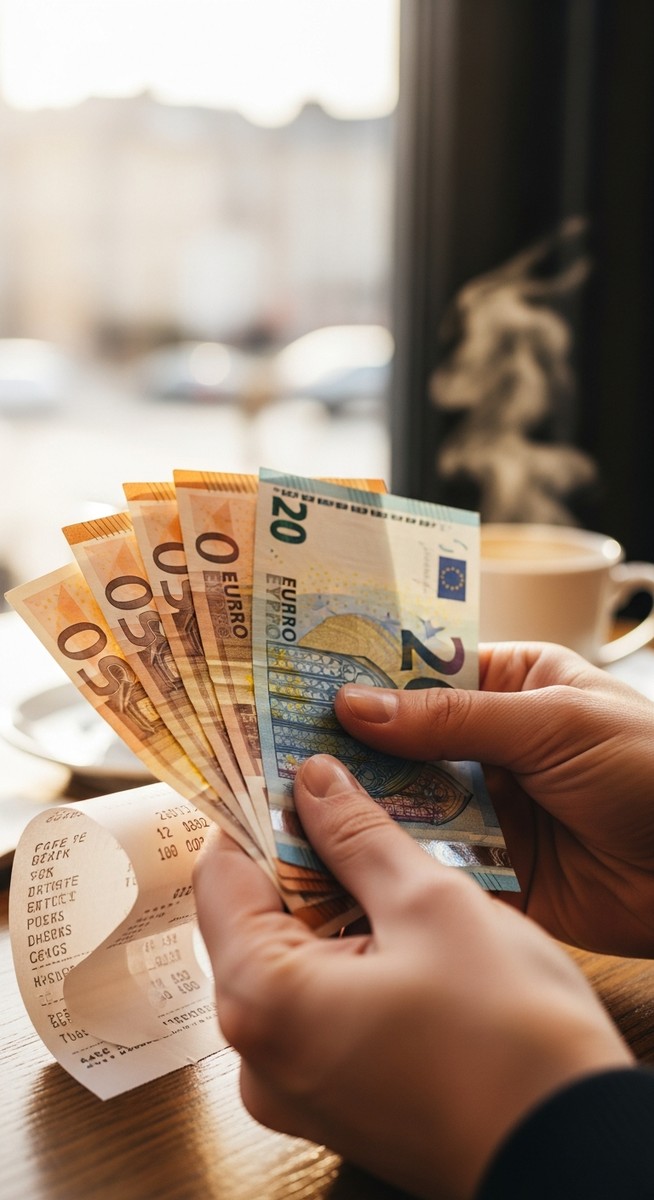 hands holding euro notes next to a cafe receipt in Barcelona