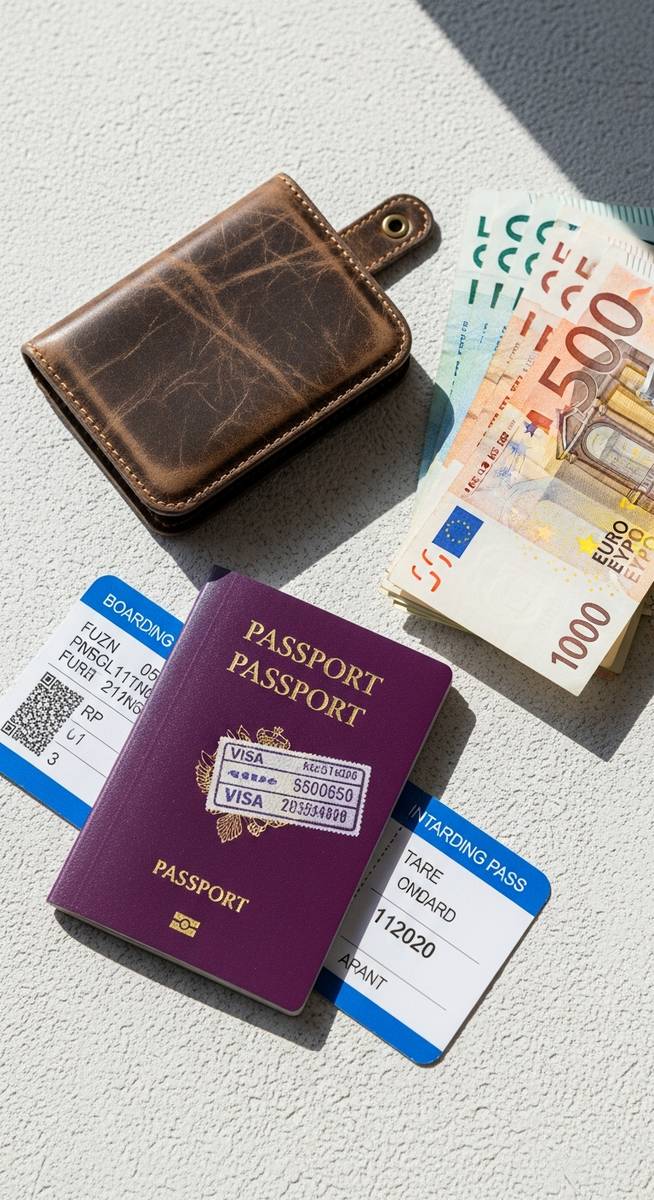 a travel wallet, passport and boarding pass flatlay