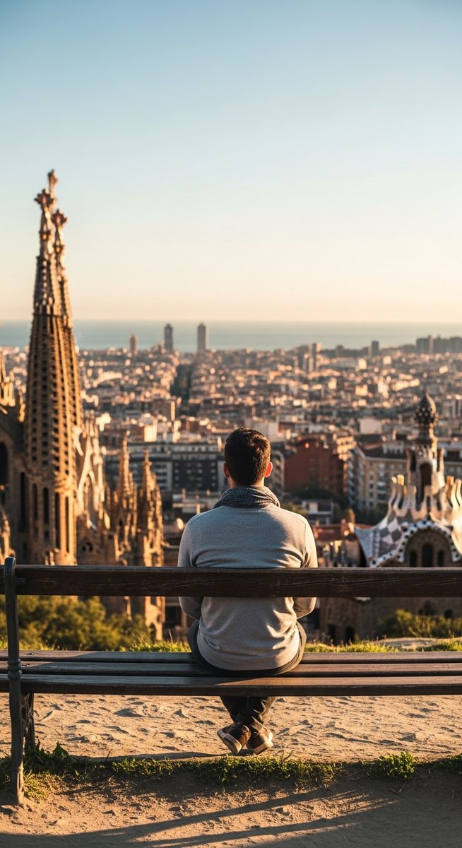 a traveller sitting on a bench in Barcelona