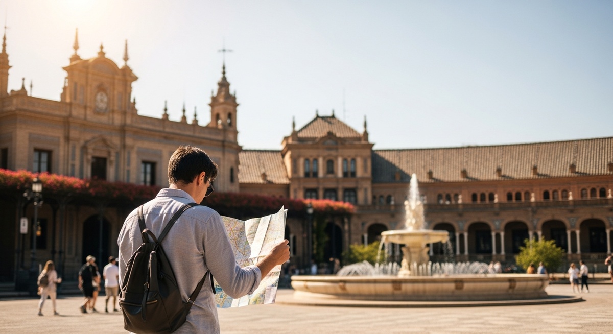 a traveller looking at a map in a sunny Spanish plaza in Barcelona