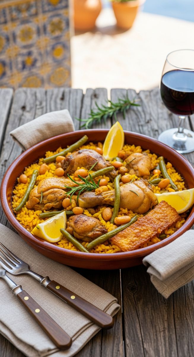 a bowl of paella valenciana in a terracotta dish