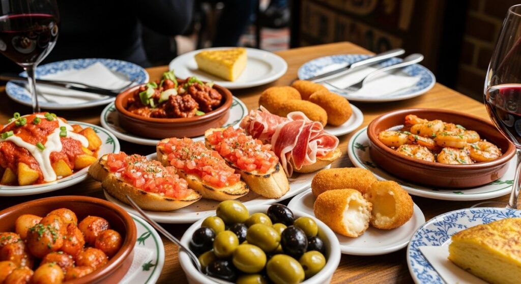 a spread of Spanish tapas on a restaurant table in Barcelona