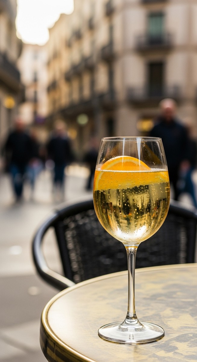 a glass of Spanish wine on a cafe table in Barcelona