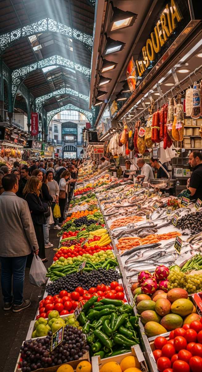 a Barcelona food market with colourful stalls