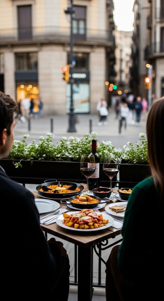 two friends at a restaurant terrace in Barcelona with food and wine