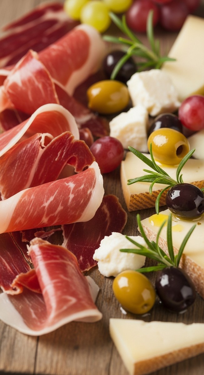 Spanish charcuterie on a wooden board in Barcelona