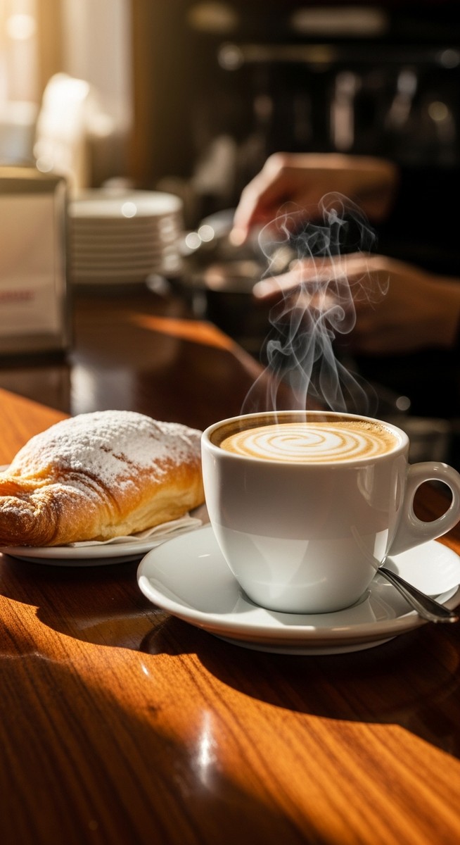 a cafe con leche and pastry on a Spanish cafe counter