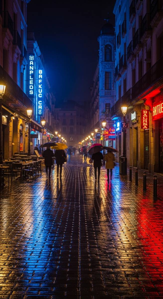 a Barcelona street at night with neon signs