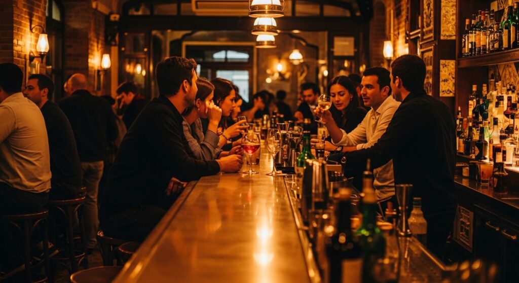 a Barcelona bar at night with warm amber lighting after dark