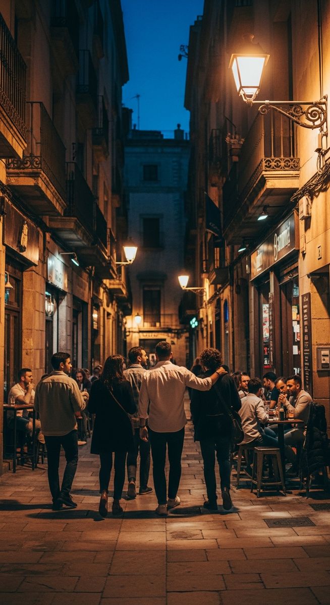 friends walking through Barcelona old town at night after dark