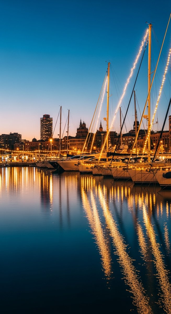 the Barcelona waterfront at night with string lights