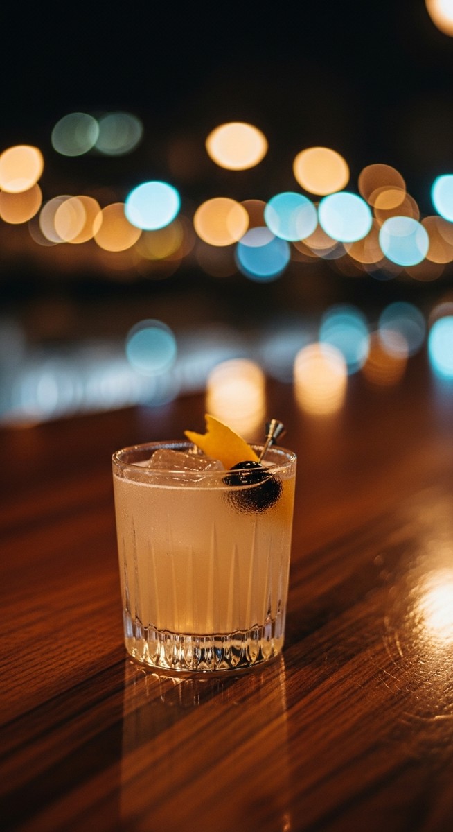 a craft cocktail on a Barcelona bar counter at night after dark