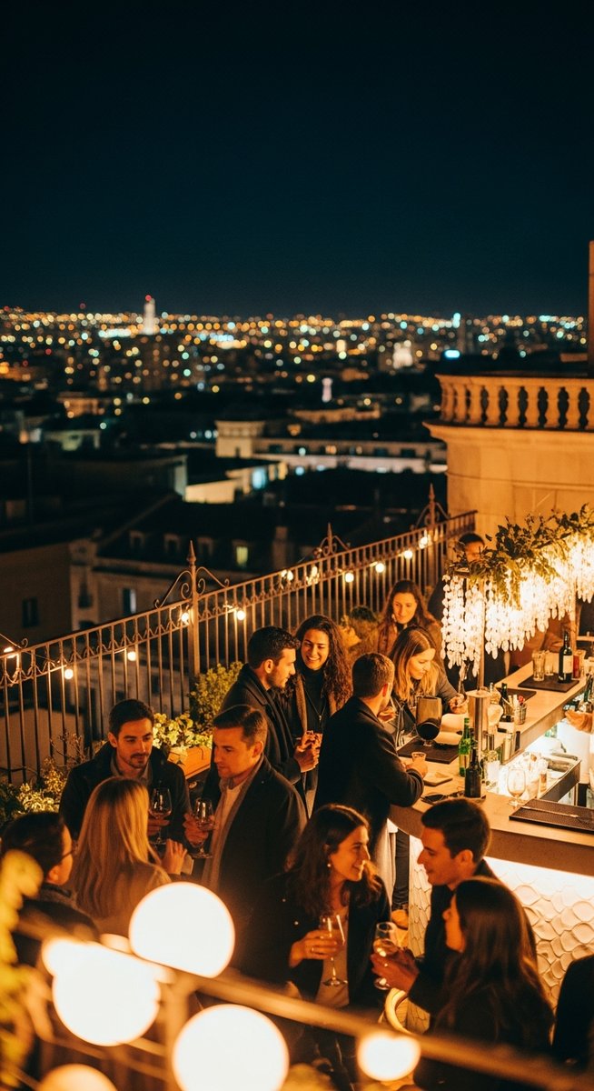 a rooftop bar in Barcelona at night with city lights