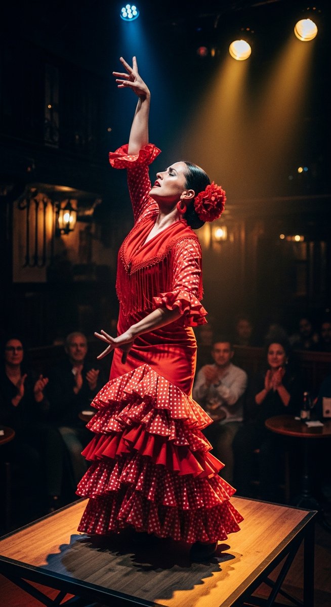 a flamenco dancer on a stage in a Barcelona tablao after dark