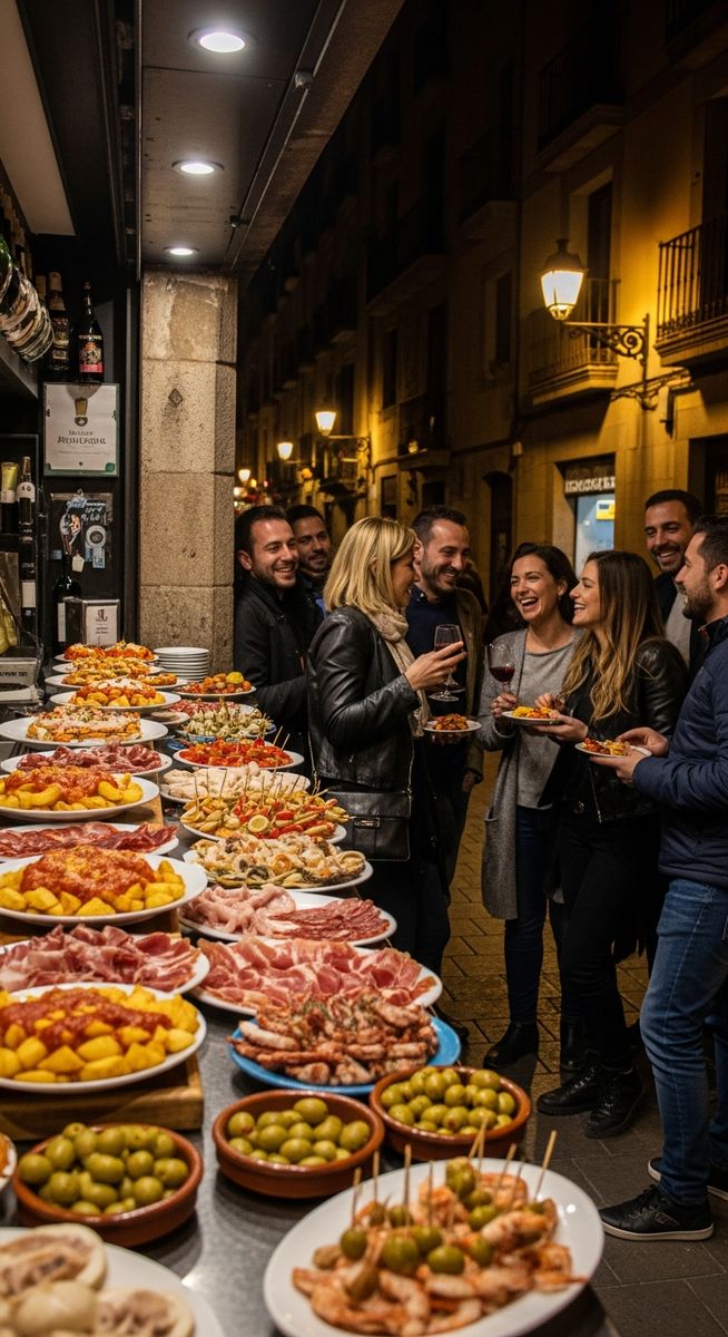 a Barcelona tapas bar at night with people outside