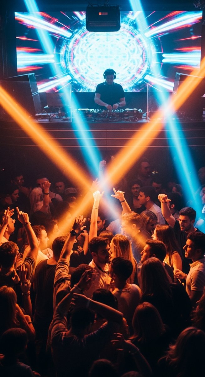 a dance floor at a Barcelona nightclub with coloured lights after dark