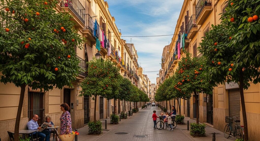 a residential street in Valencia with orange trees as a pro or con of living in Valencia