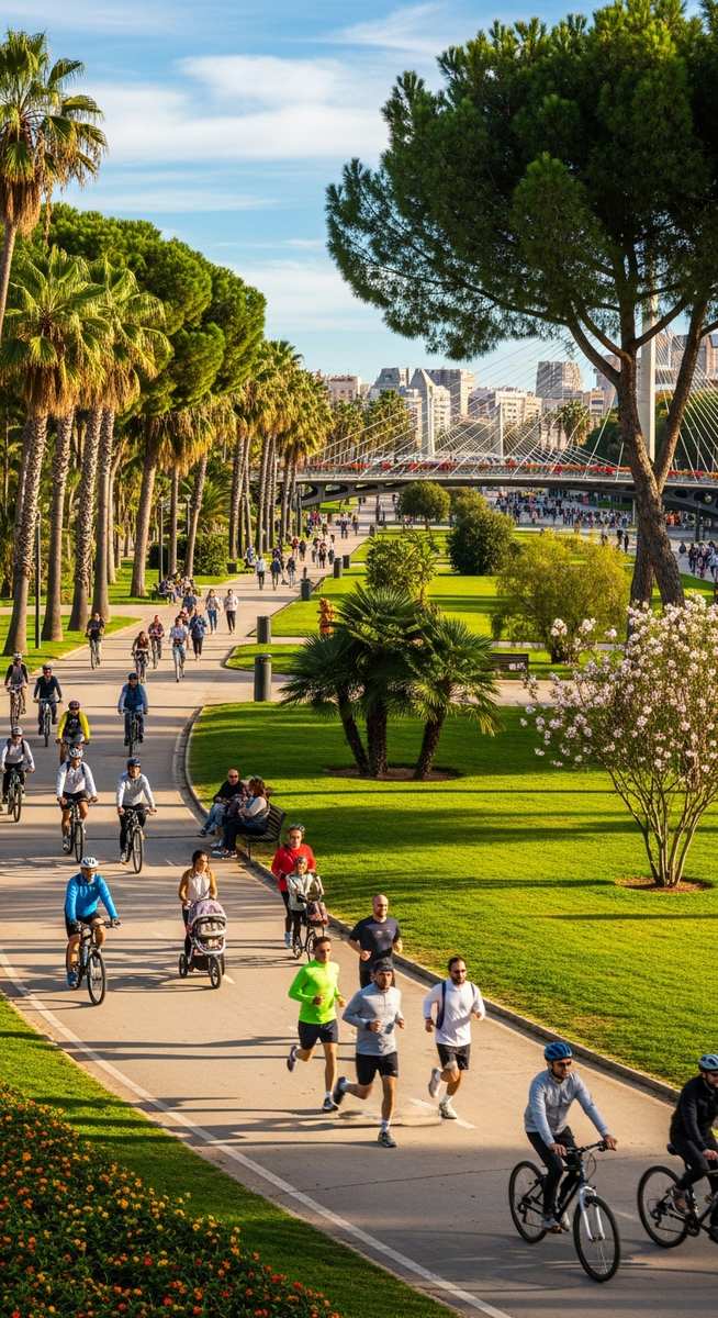 the Turia Gardens in Valencia with cyclists and joggers