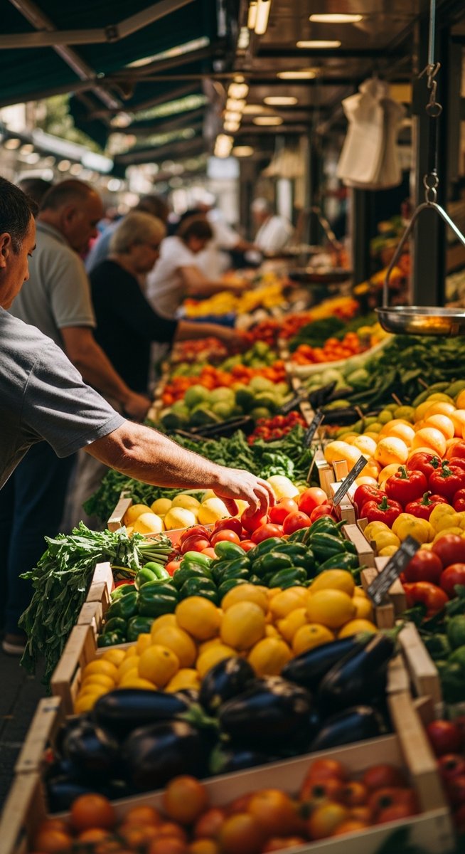 a person choosing fresh produce at a Valencia market as a pro or con of living in Valencia