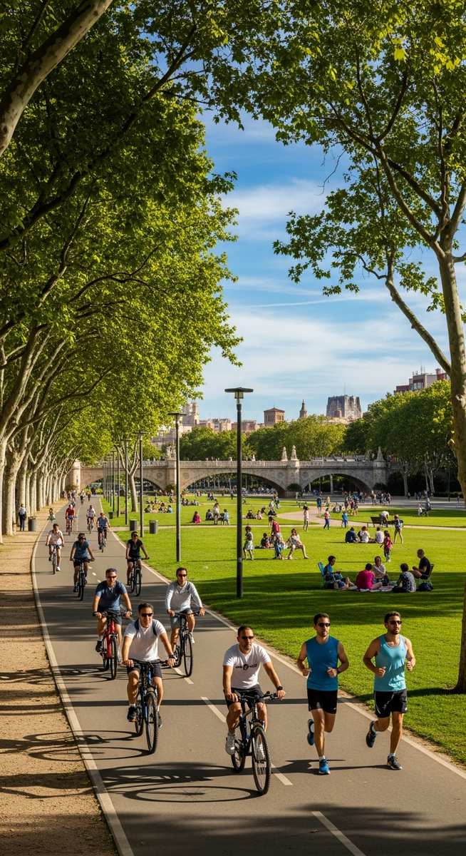 the Turia Gardens in Valencia with cyclists and joggers